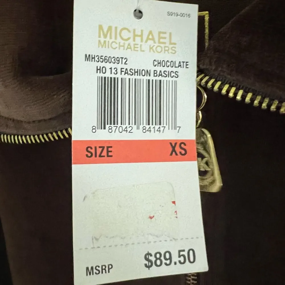NWT MICHAEL Michael Kors Brown Velour Zip Front Track Jacket Size XS